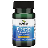 Swanson Fisetin cápsulas y envase, posible apoyo al enfoque mental.