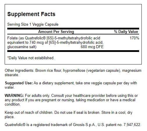 Swanson Folato 5-MTHF, cápsulas veganas en envase, apoyo para la salud diaria