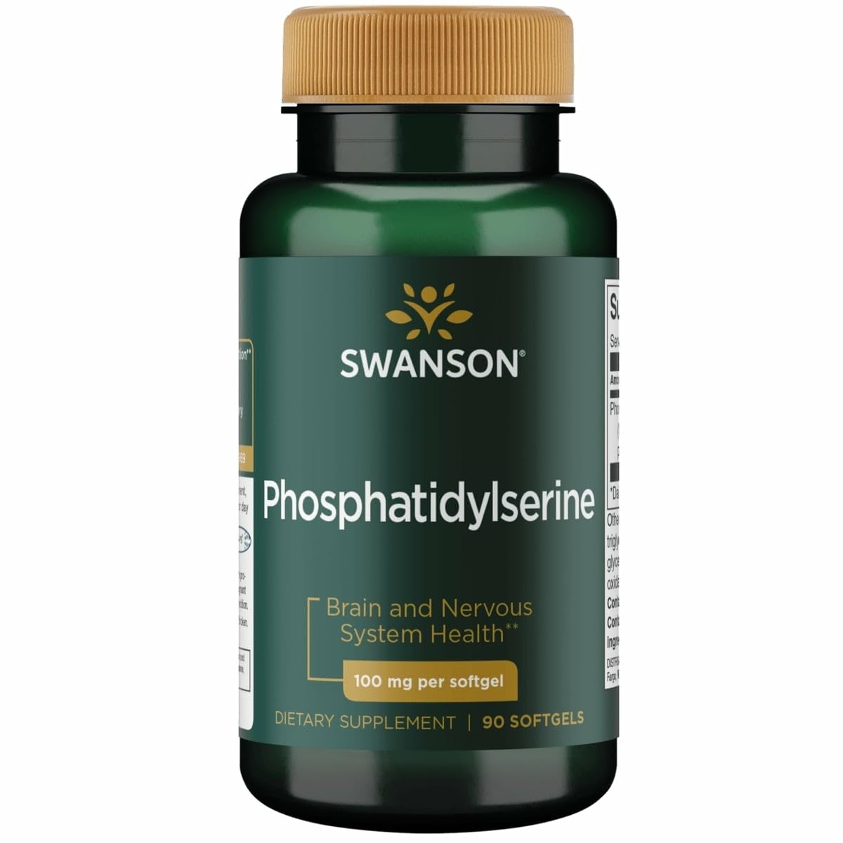 Swanson fosfatidilserina 100 mg, botella con 90 cápsulas blandas, posible apoyo para funciones cognitivas.