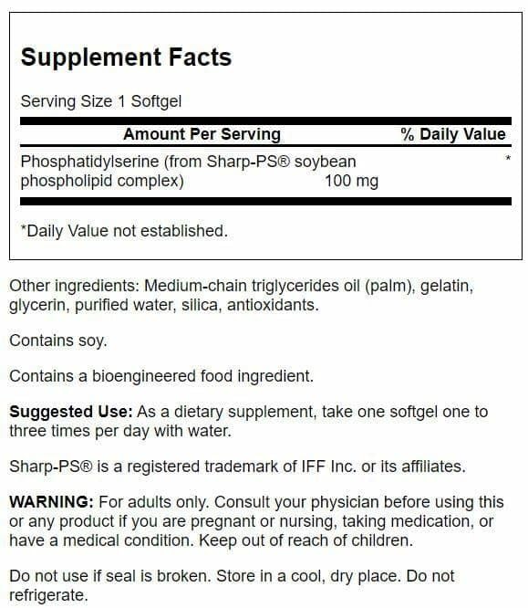 Swanson fosfatidilserina 100 mg, etiqueta clara, guía de uso diario para claridad mental.