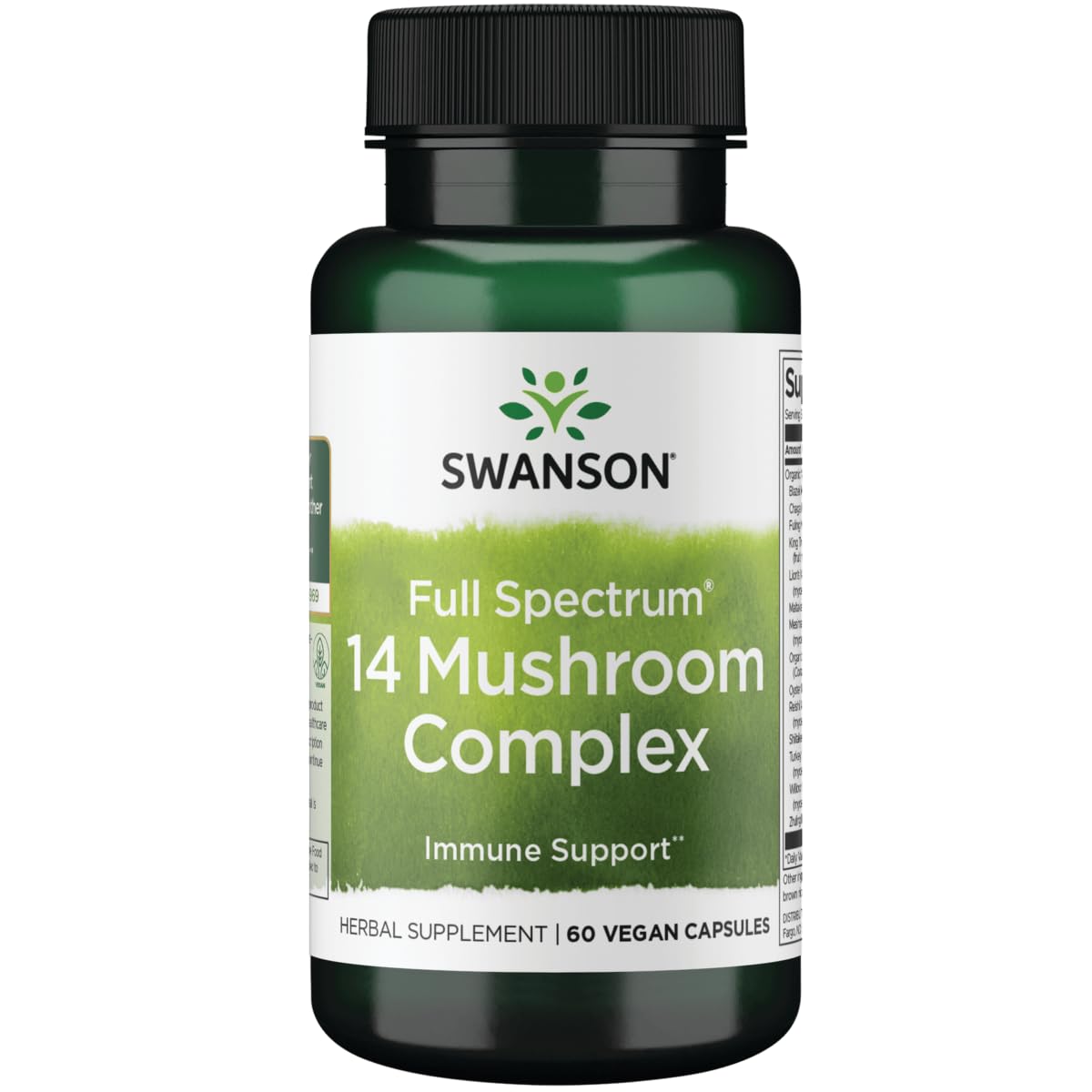Swanson Full SPEC 14 Mushrm CMPLX en envase, cápsulas para apoyo al sistema inmune.