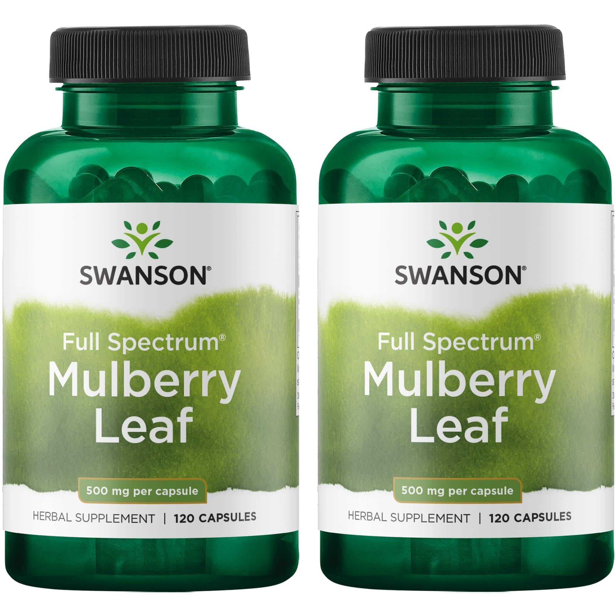 Swanson Hoja de Morera de Espectro Completo, botella con cápsulas, apoya el bienestar general y la actividad antioxidante.