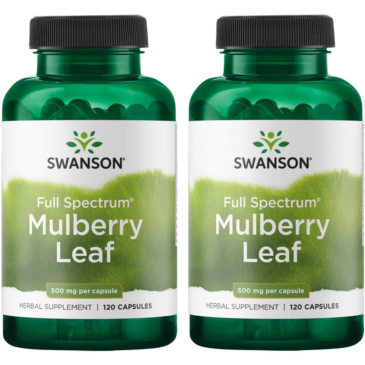 Swanson Hoja de Morera de Espectro Completo, botella con cápsulas, apoya el bienestar general y la actividad antioxidante.