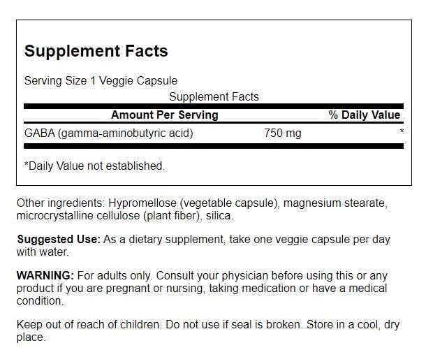 Swanson GABA 750 mg, cápsulas vegetales para relajación nocturna y sueño