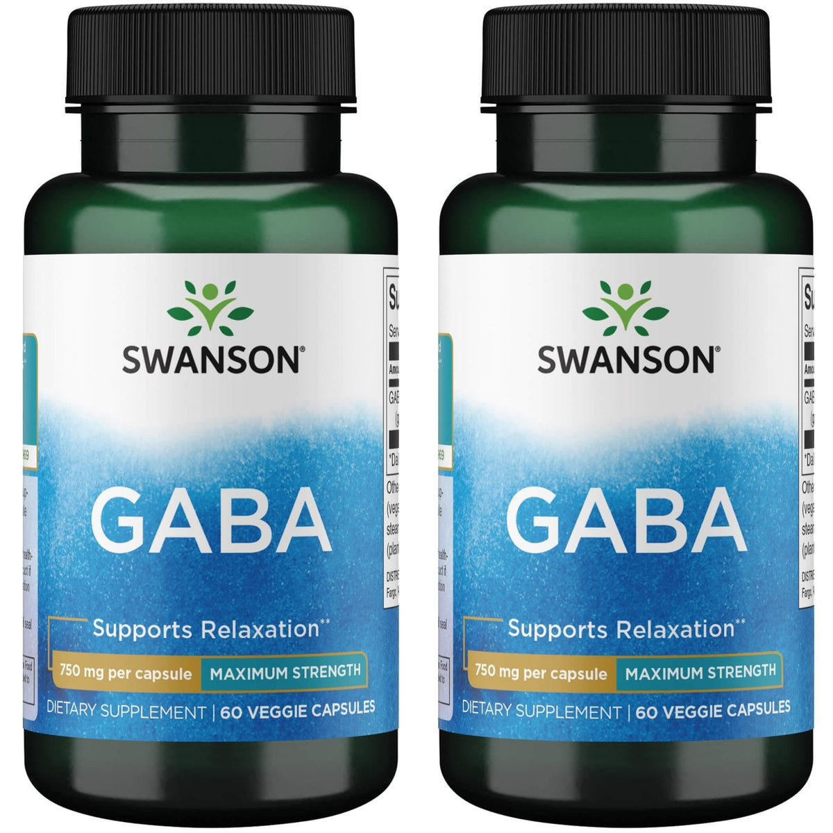 Swanson GABA 750 mg capsulas veganas en botella para calma y sueño reparador
