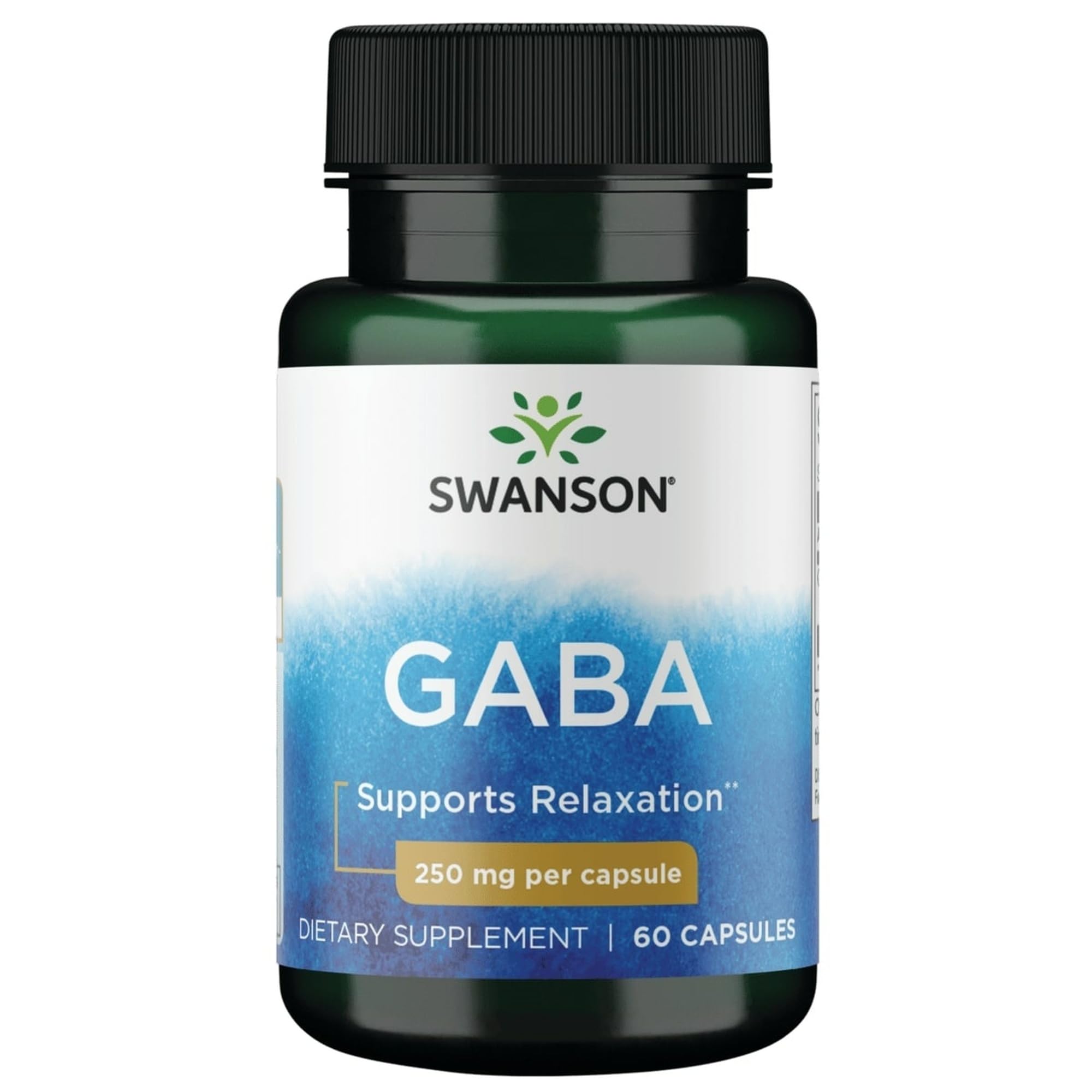 Swanson GABA: botella de 250 mg, enfoque en cápsulas para relajación.