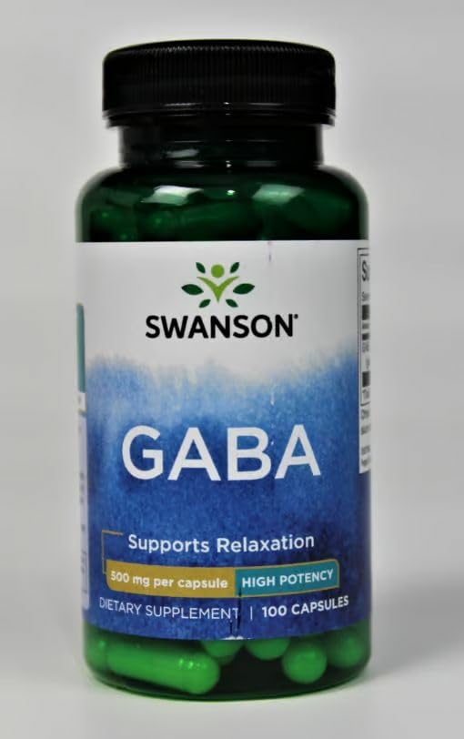Swanson GABA, etiqueta en primer plano, información de pureza y potencia.