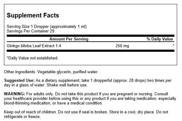 Swanson Ginkgo Biloba Extracto Líquido, gotero incluido para dosis precisas.