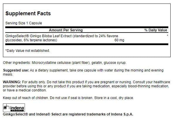 Swanson GinkgoSelect flavonas 24% y terpenos 6%, uso diario para salud cerebral.