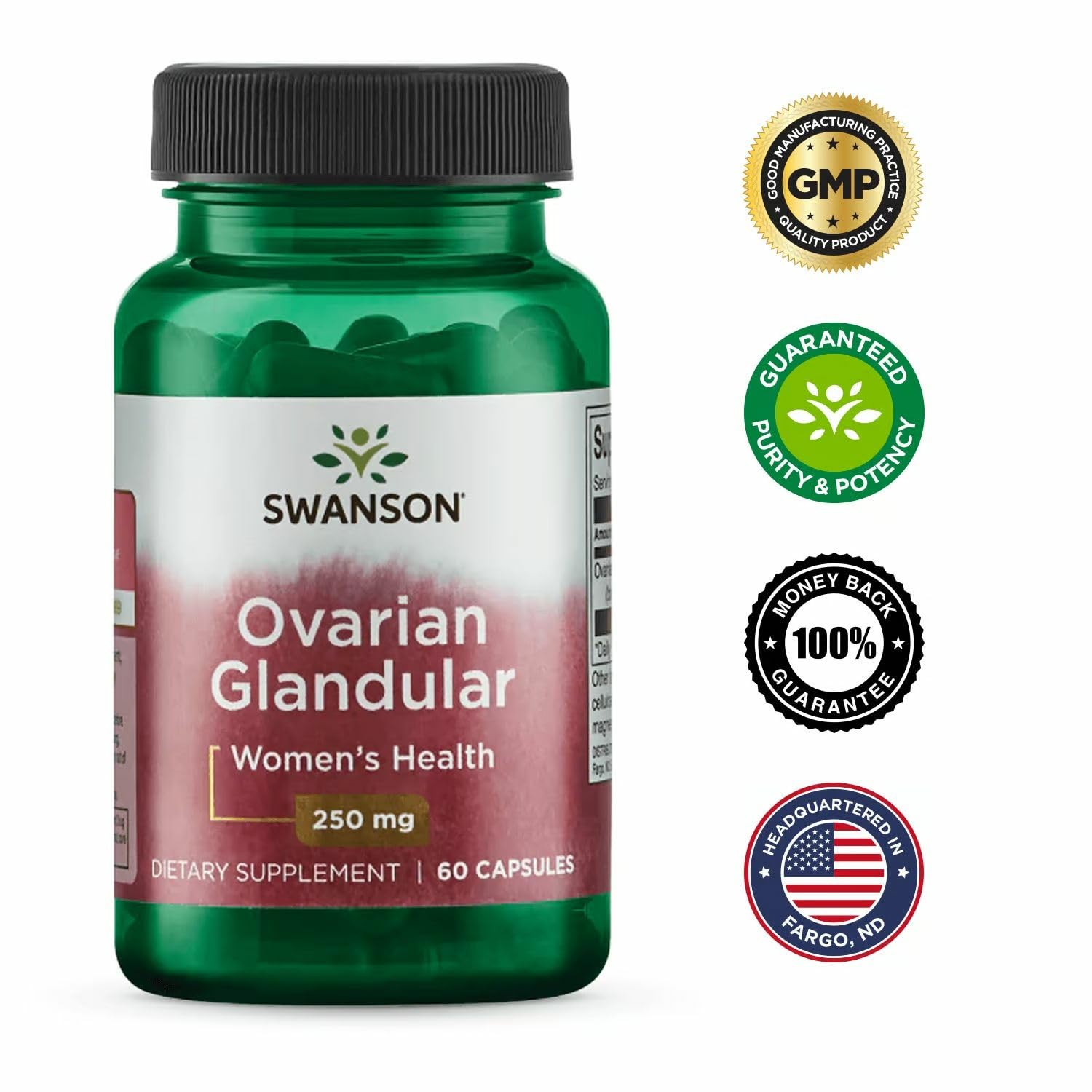 Swanson Glándulas Ováricas, presentación en empaque práctico para almacenamiento seguro.