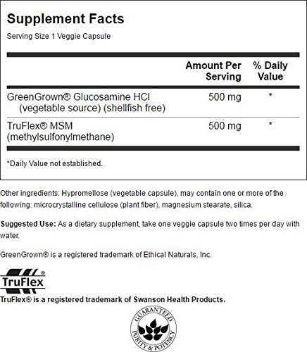 Swanson glucosamina MSM etiqueta frontal que destaca vegan y libre de gluten