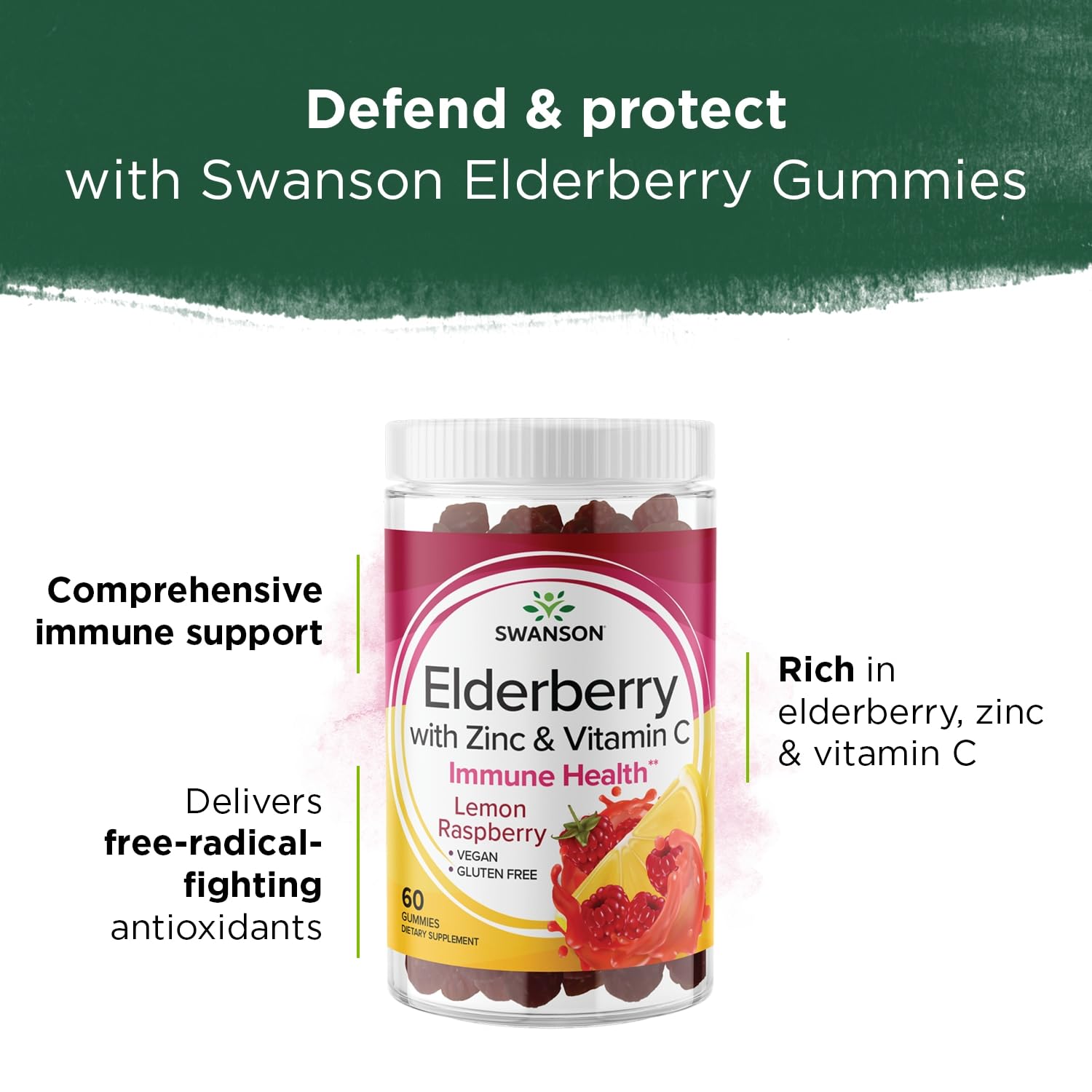 Swanson gominolas de saúco, zinc y vitamina C, textura suave para apoyo inmunológico.