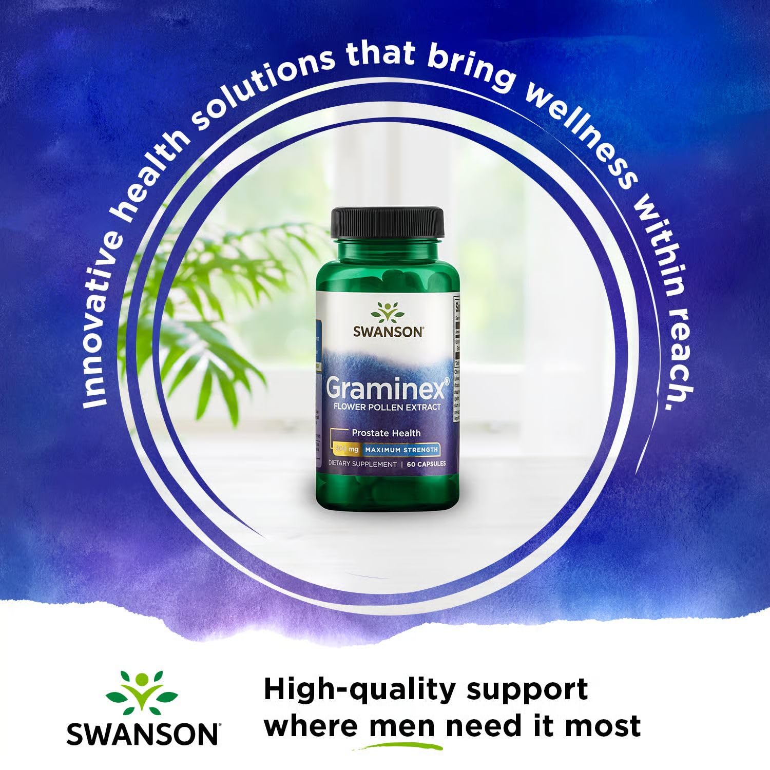 Etiqueta del producto Swanson Graminex destacando calidad sin OGM.