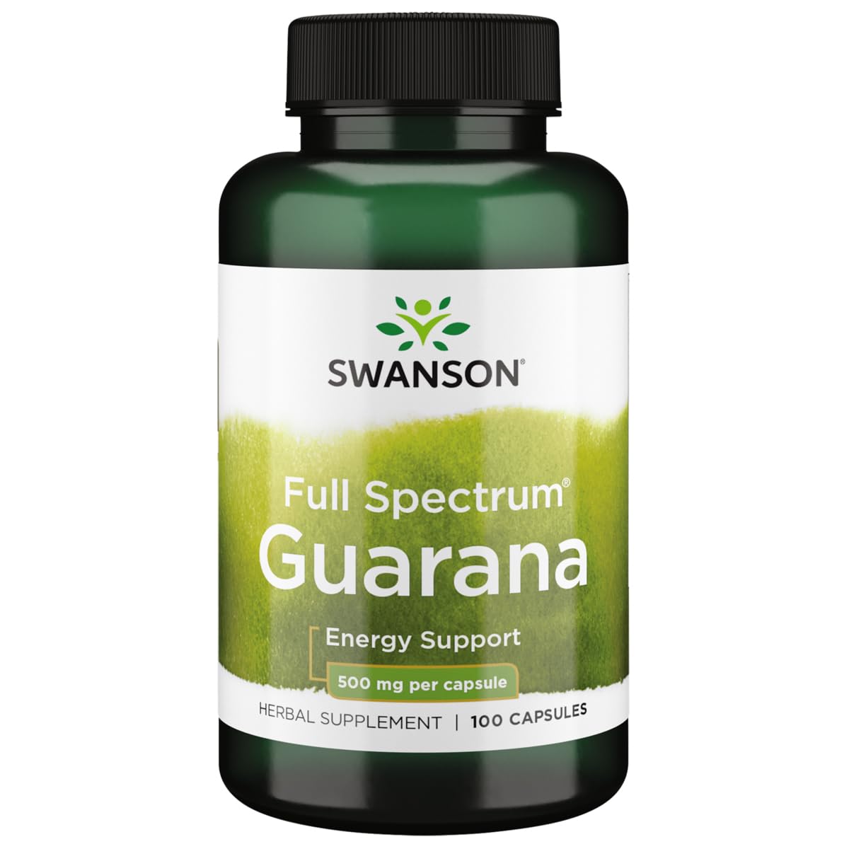 Swanson Guarana 500 mg, vista de la botella, apoyo posible para la energía diaria.