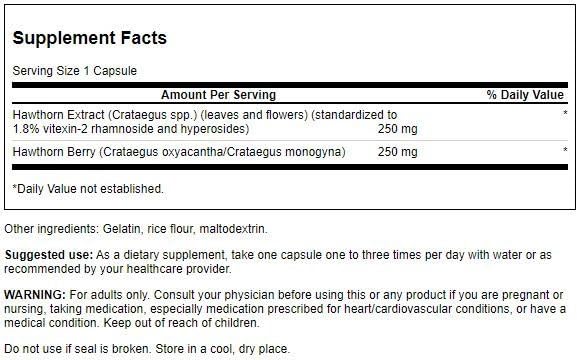 Swanson Hawthorn Extract etiqueta en el bote para salud cardiovascular.