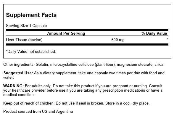Swanson Glandular Hígado 500 mg, etiqueta: uso práctico para bienestar diario.