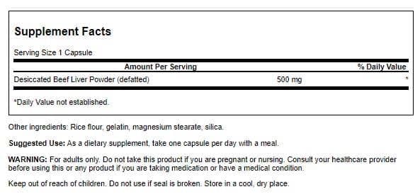 Swanson hígado de res desecado, contiene vitamina B12 natural para apoyo nutricional diario.