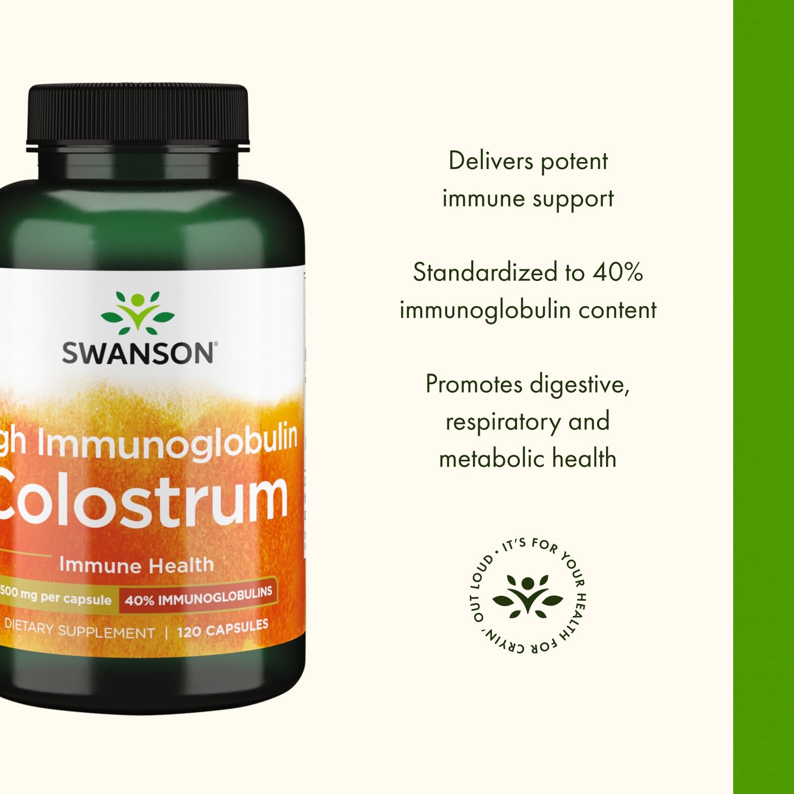 Frasco de Swanson High Ig Colostrum con cápsulas listas para consumo diario