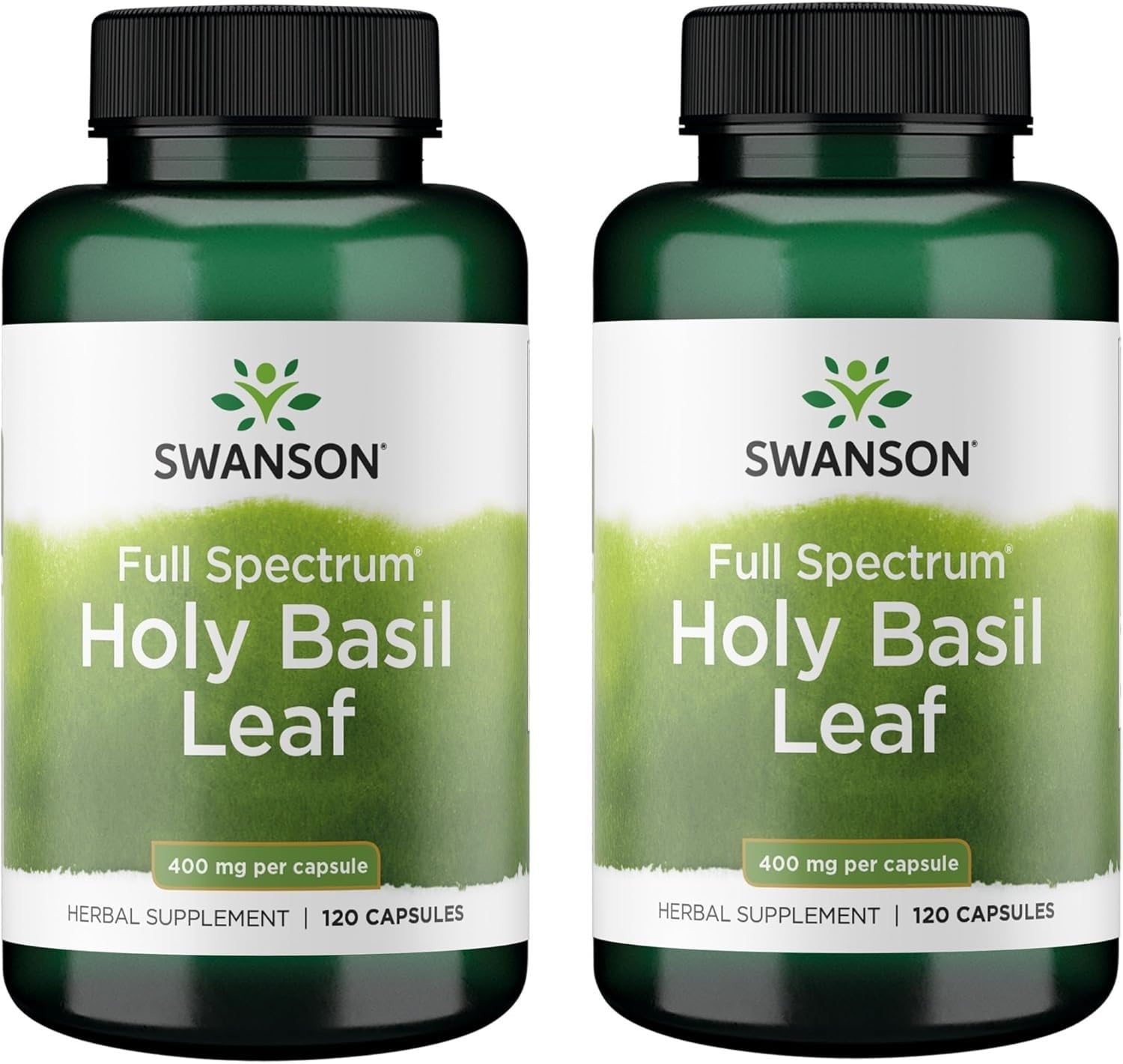 Swanson Hoja de Albahaca Sagrada cápsulas en botella para apoyo al bienestar diario.