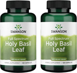 Swanson Hoja de Albahaca Sagrada cápsulas en botella para apoyo al bienestar diario.