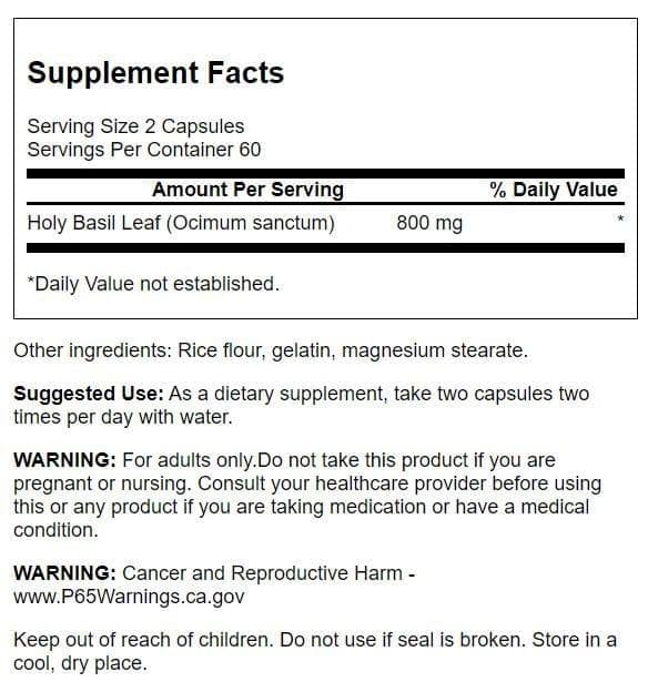 Swanson Hoja de Albahaca Sagrada etiqueta del producto muestra ingredientes y uso recomendado.