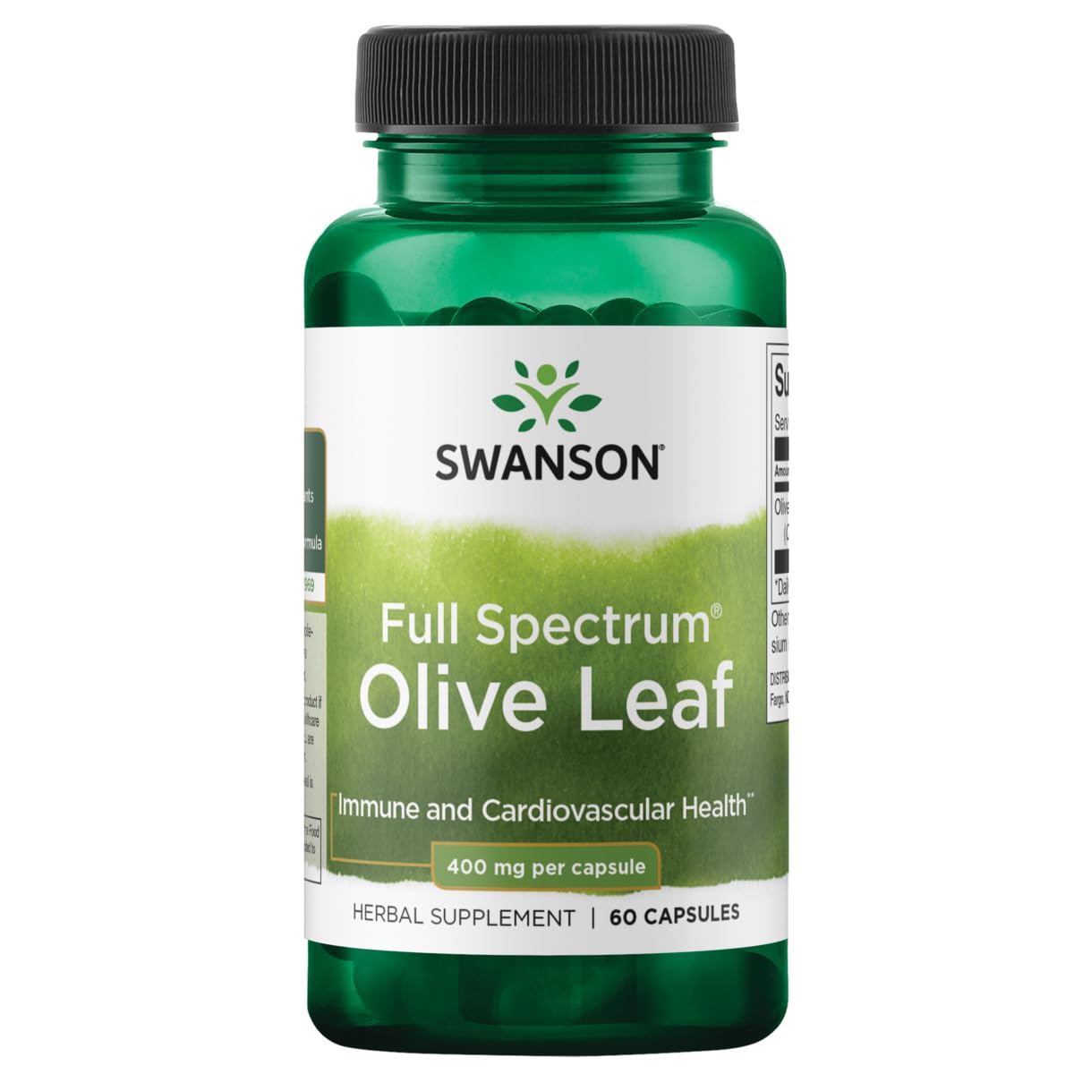 Swanson hoja de olivo 400 mg frasco frontal, apoyo a defensas naturales