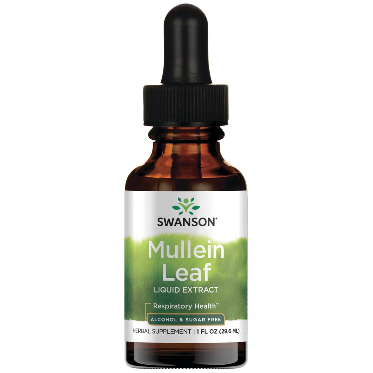 Swanson hoja-mullein extracto líquido botella, ideal para apoyar la salud respiratoria diaria.