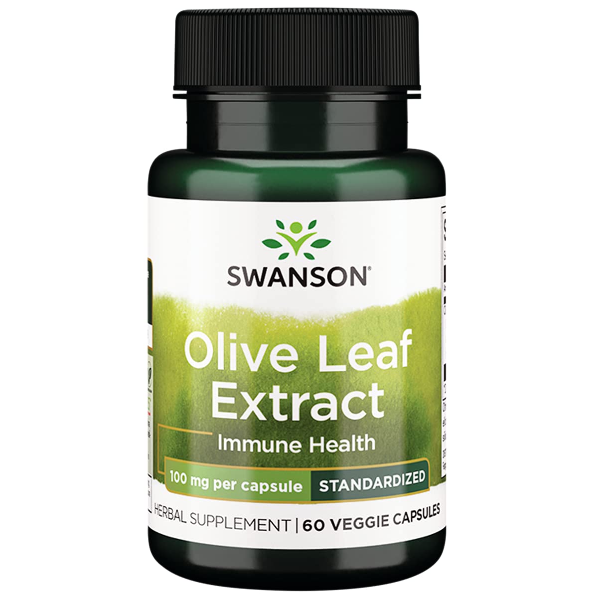 Swanson HRB Hoja de Olivo cápsulas en envase para apoyar defensas naturales.