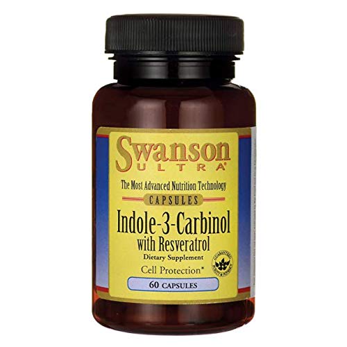 Swanson Indole-3-Carbinol con Resveratrol, botella en primer plano, perfil antioxidante suave.