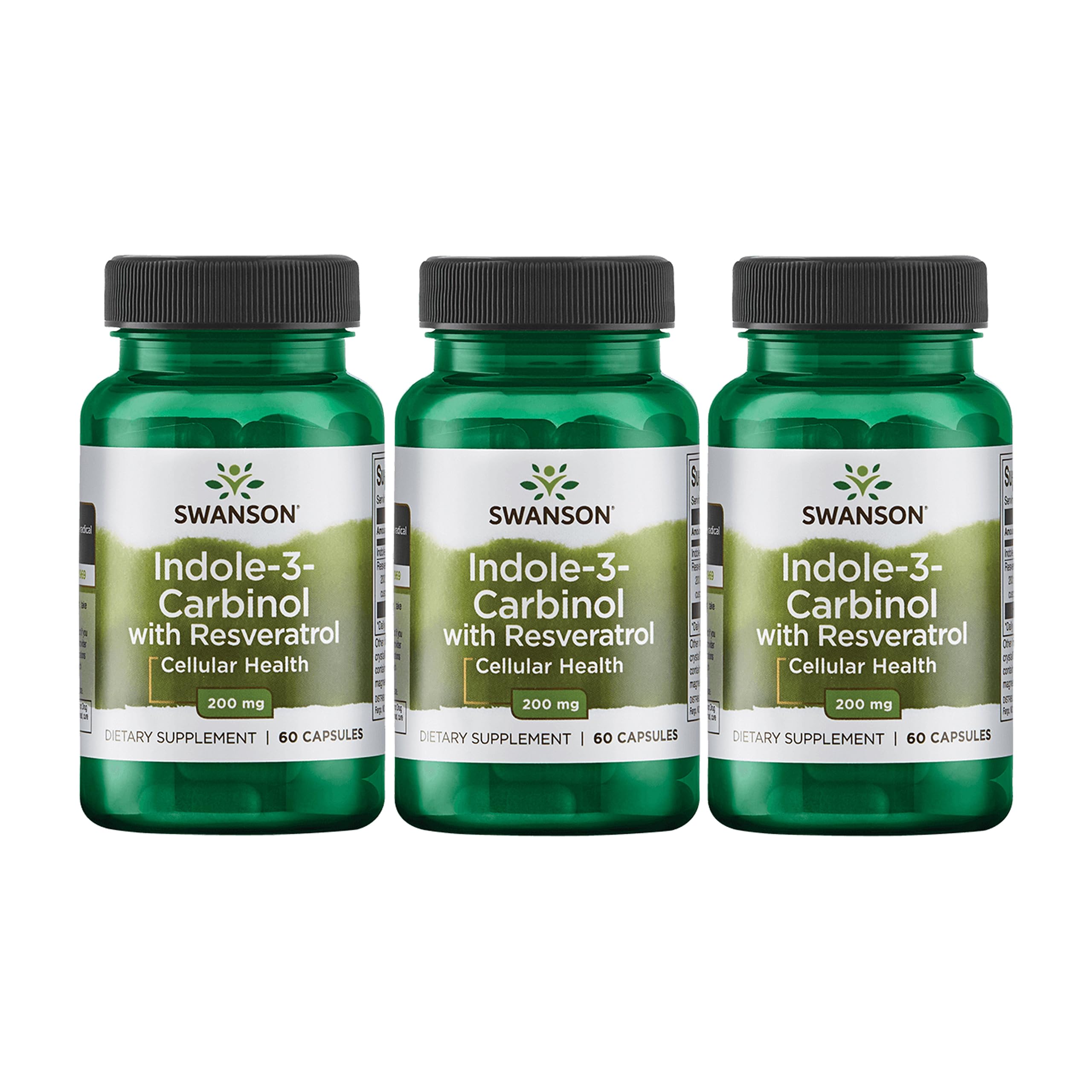 Swanson Indole-3-Carbinol con Resveratrol, frentes de caja, apoyo posible al equilibrio hormonal.