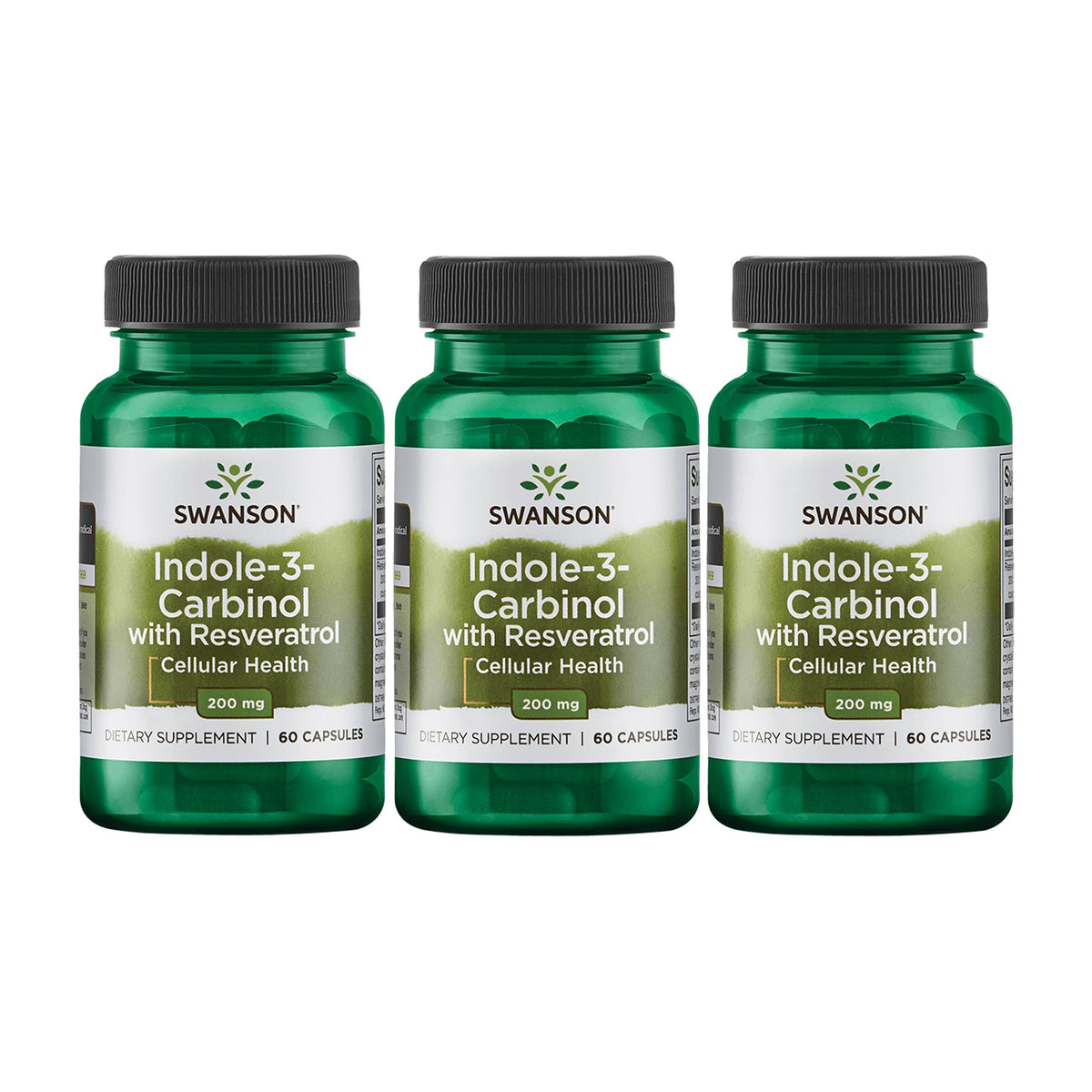Swanson Indole-3-Carbinol con Resveratrol, frentes de caja, apoyo posible al equilibrio hormonal.