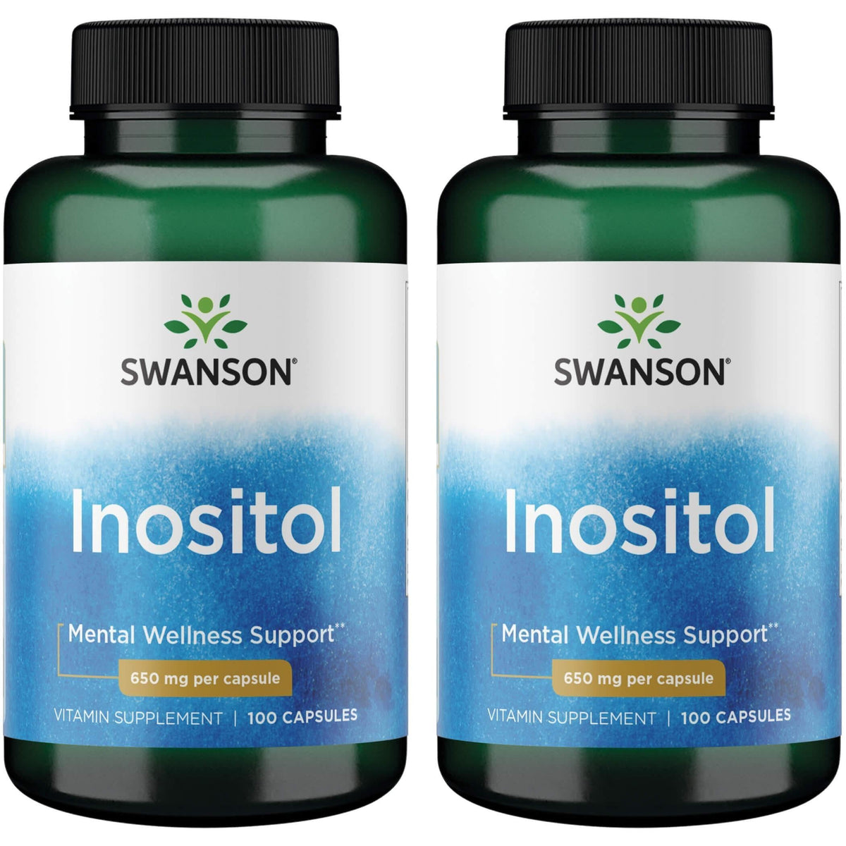 Swanson Inositol 650 mg cápsulas, paquete dos, para apoyo diario del bienestar emocional.