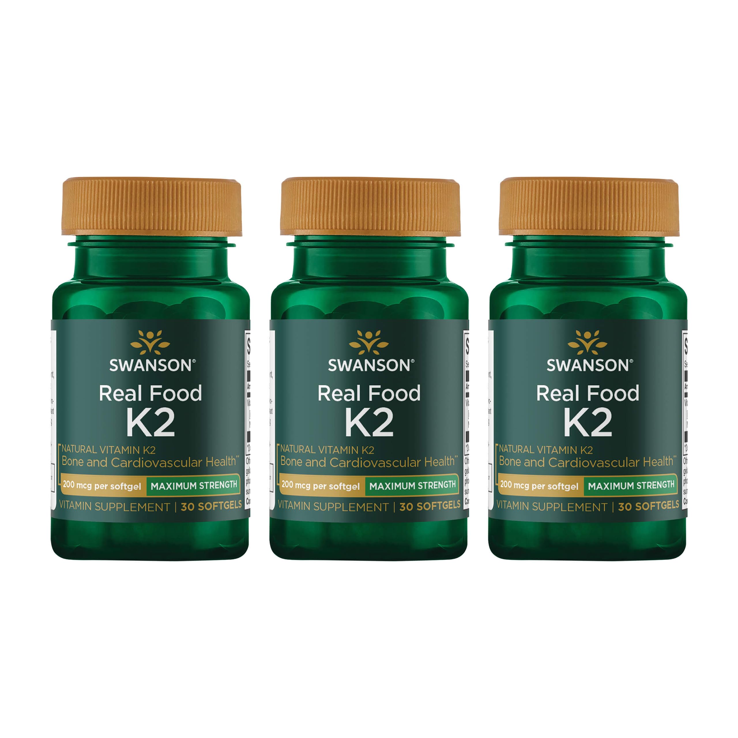 Swanson K2 MK-7, cápsula blanda, vista frontal, posible apoyo a la salud ósea.