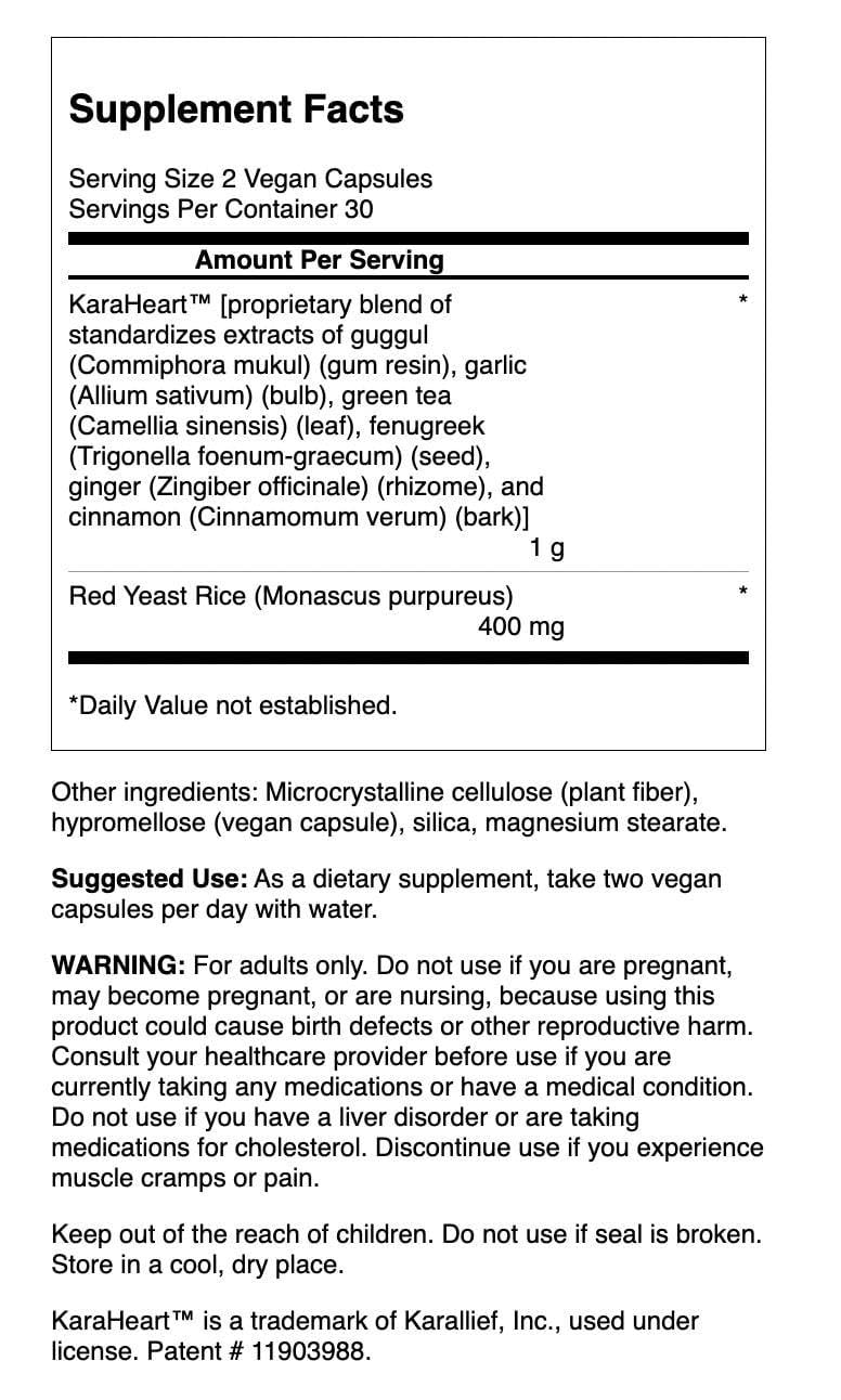 Capsulas veganas KaraHeart, frasco de 60, para apoyar un perfil lipídico.