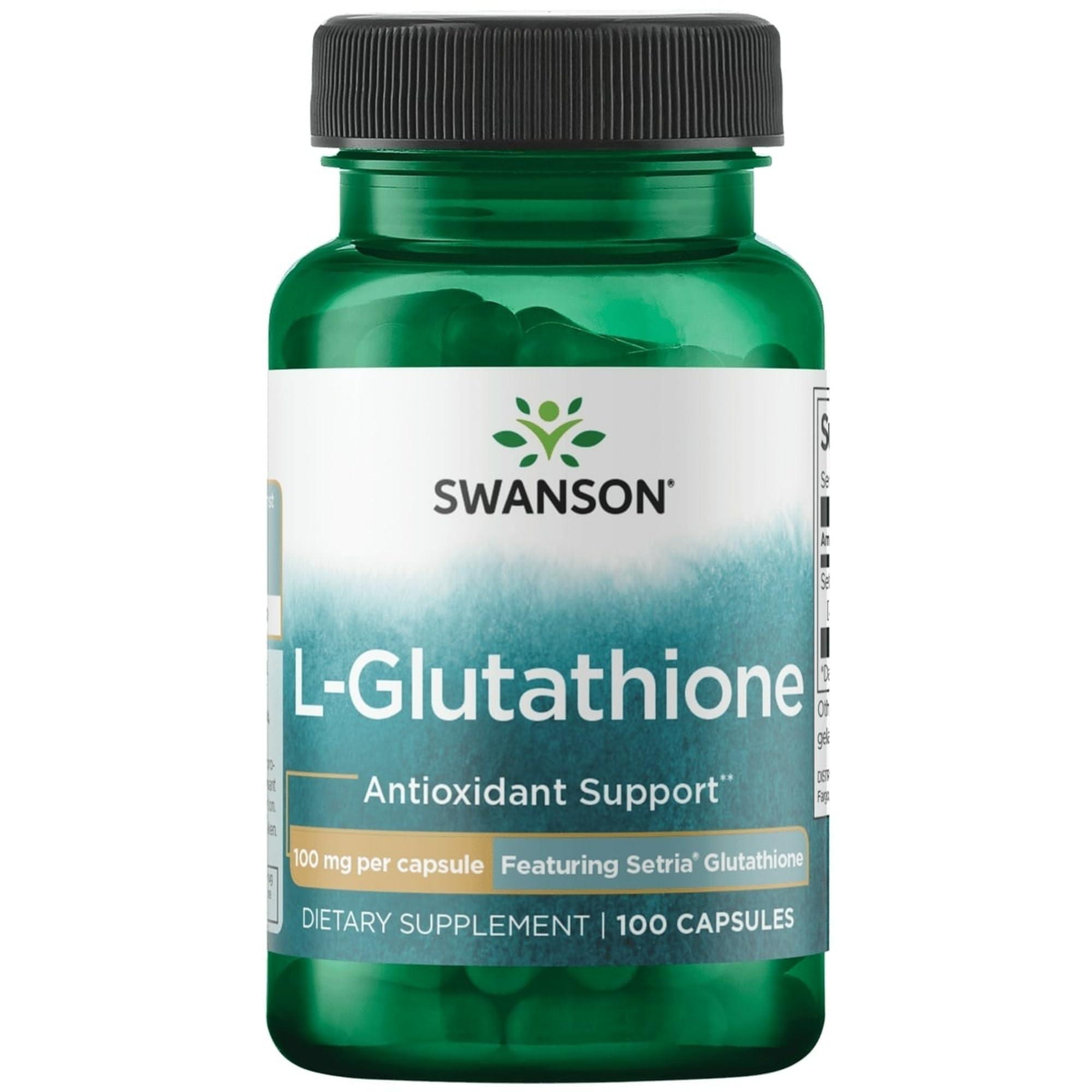 Swanson L-Glutatión, botella de 100 cápsulas, apoyo antioxidante diario.