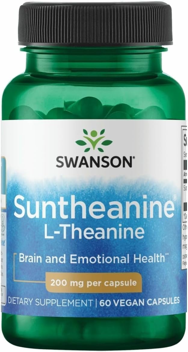 Swanson L-teanina de doble potencia en cápsula de 200 mg para calma y enfoque sostenido.