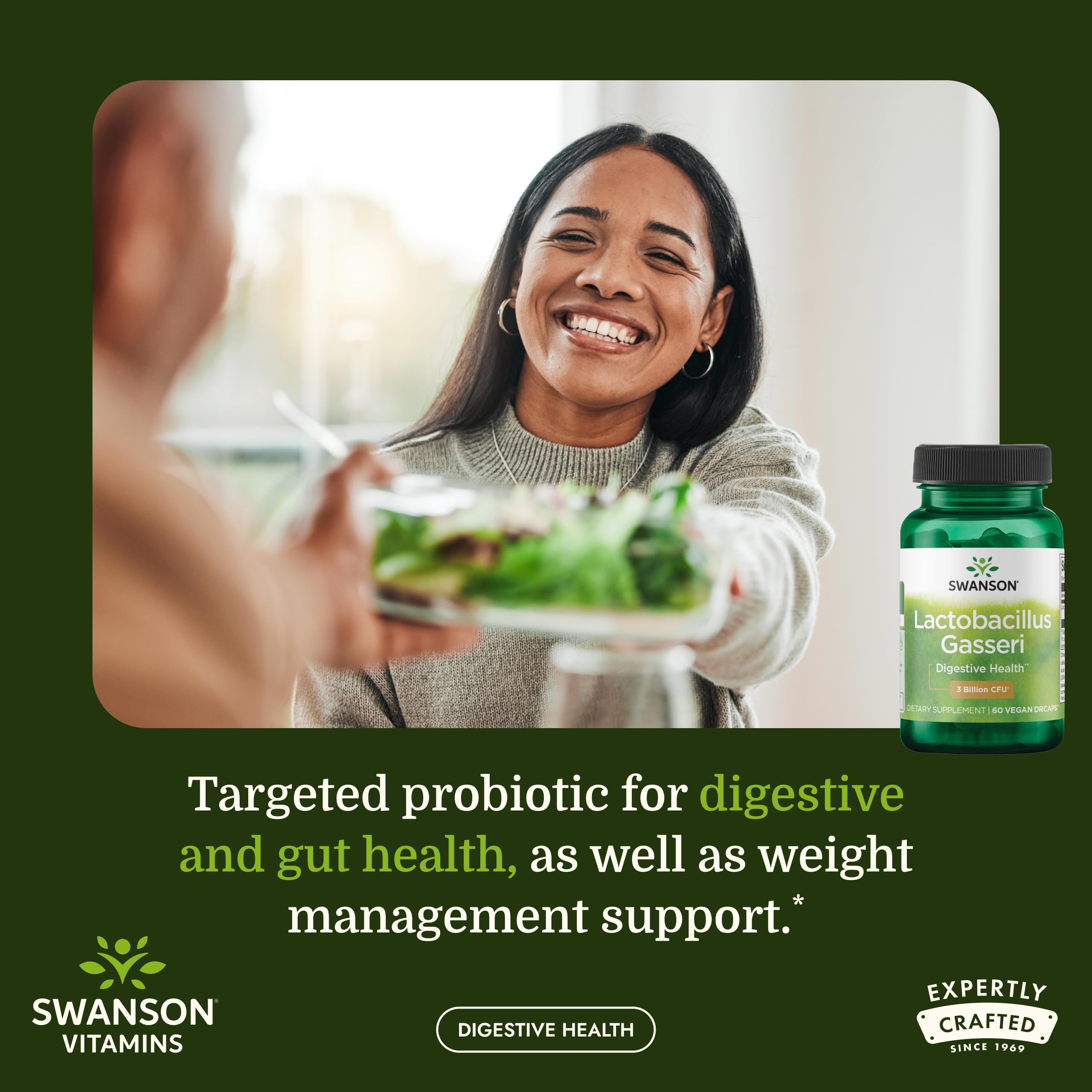 Swanson Lactobacillus Gasseri, envase de 60 cápsulas para uso conveniente.