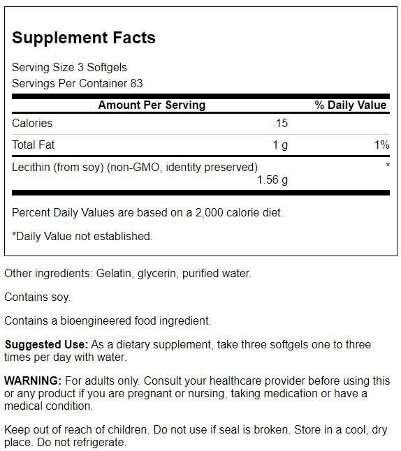 Swanson Lecitina No OGM 520 mg, envase con cápsulas, útil para apoyar la función cognitiva