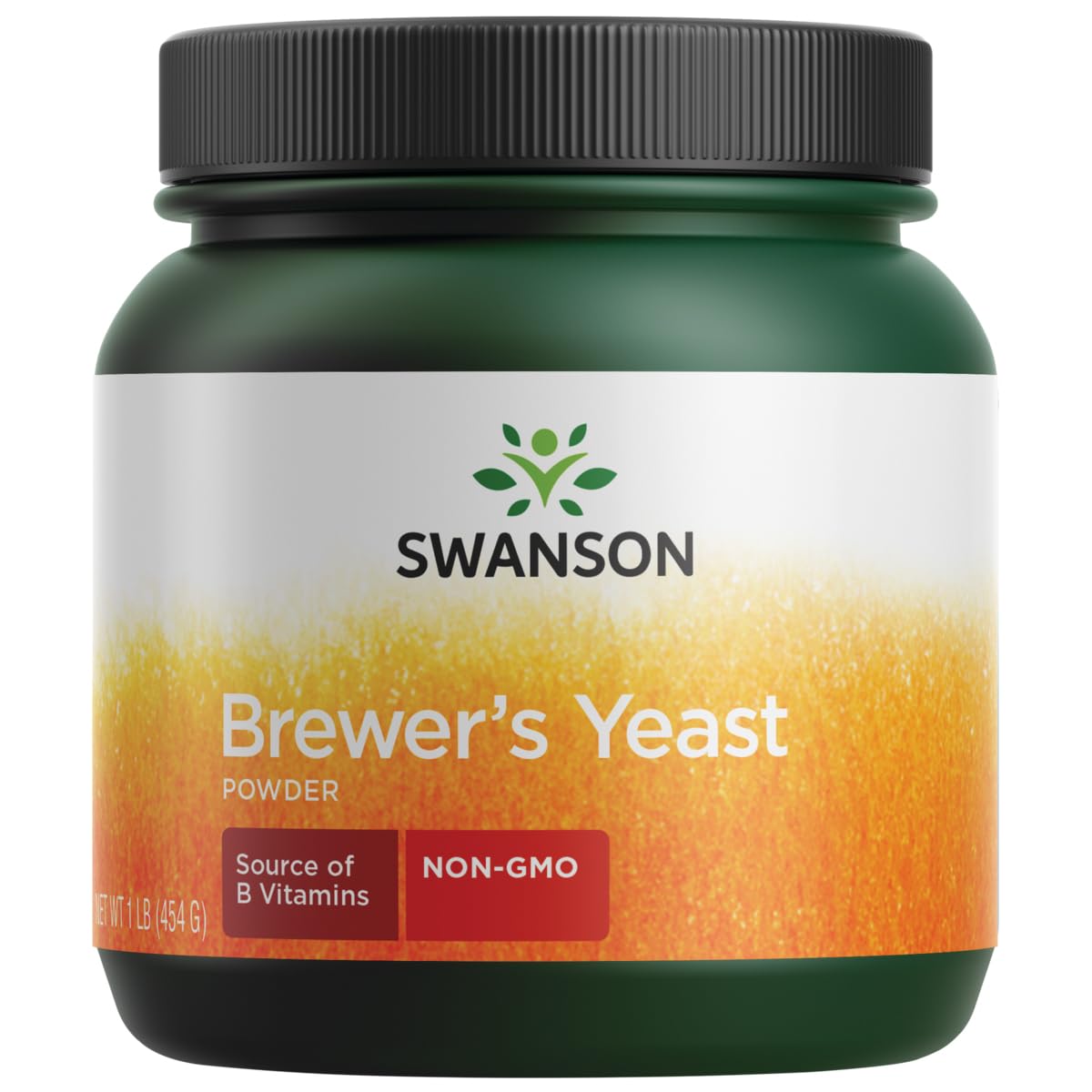 Swanson levadura de cerveza en polvo, frente del envase, fuente de vitaminas B para energía diaria.