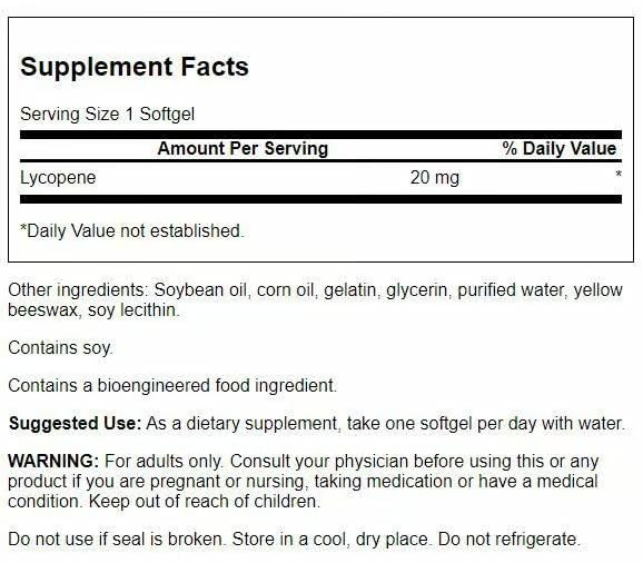 Frasco Swanson Licopeno con etiqueta antioxidante para la salud cardíaca.