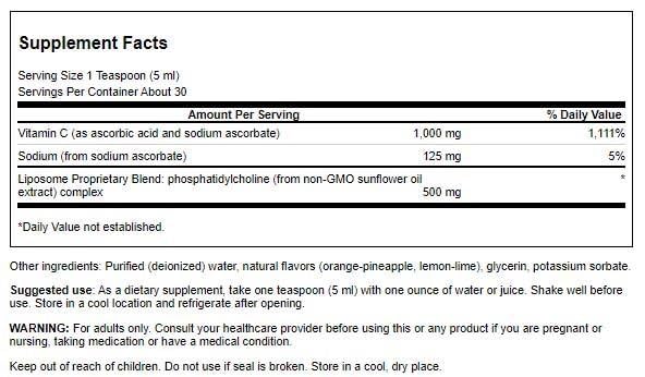 Swanson Vitamina C liposomal, etiqueta frontal, formato líquido práctico para uso diario.
