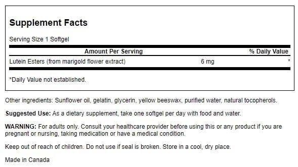 Swanson Lutein 6 mg, etiqueta clara: formato práctico para la suplementación ocular.