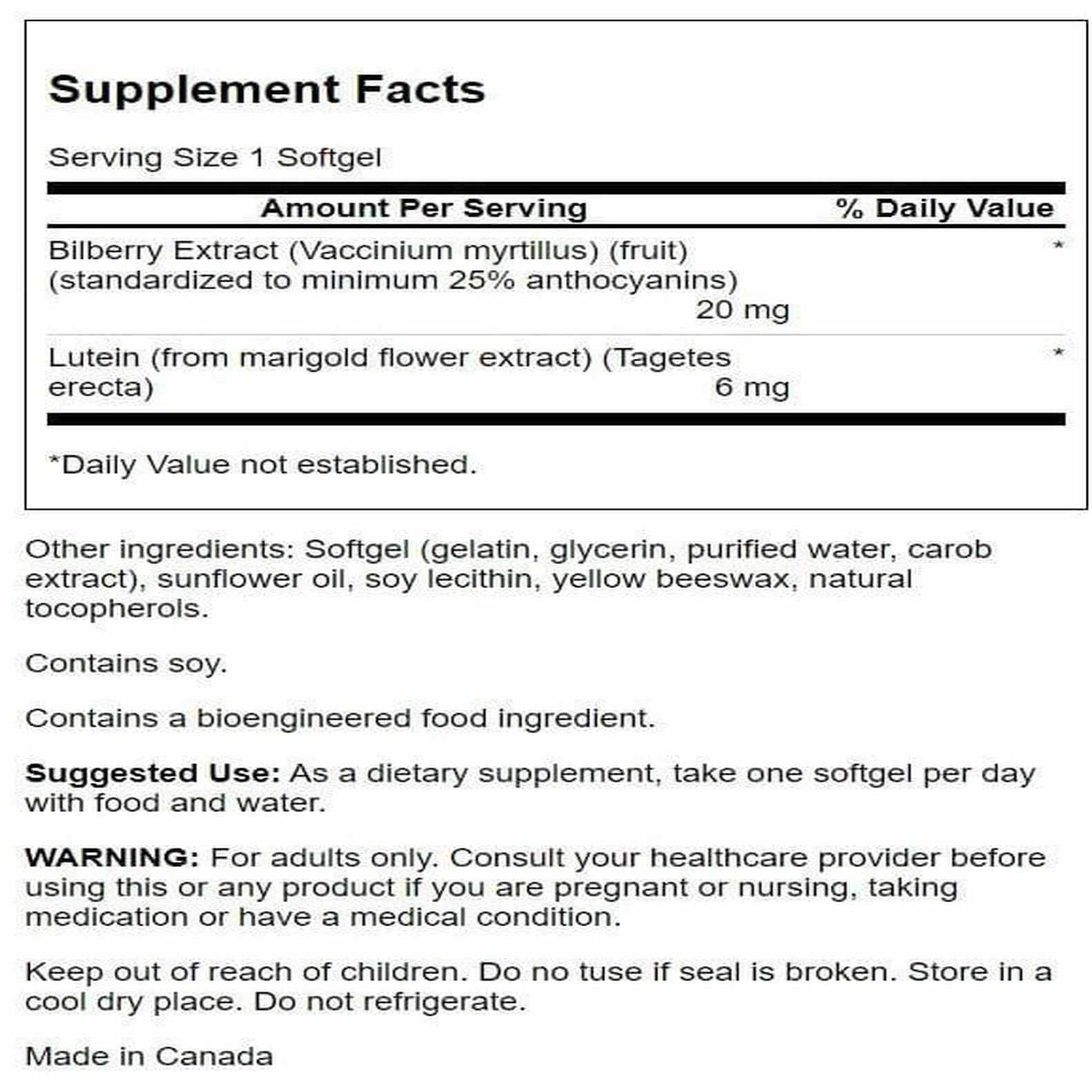 Swanson Luteína Bilberry 60 Sgels: etiqueta detallada con antioxidantes para la macula