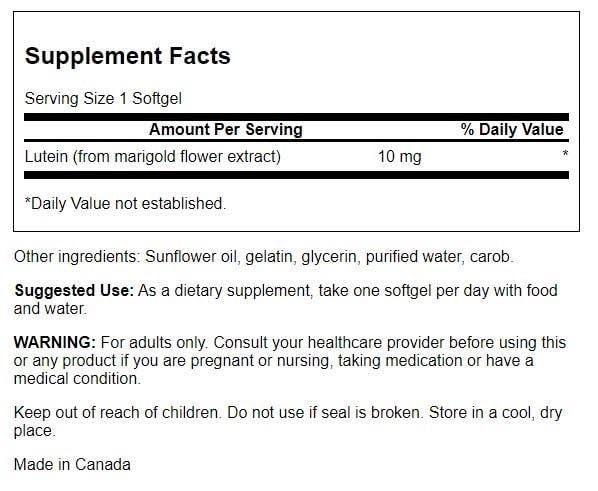 Swanson Luteína 10 mg, etiqueta detallada, útil para cuidar la salud visual.