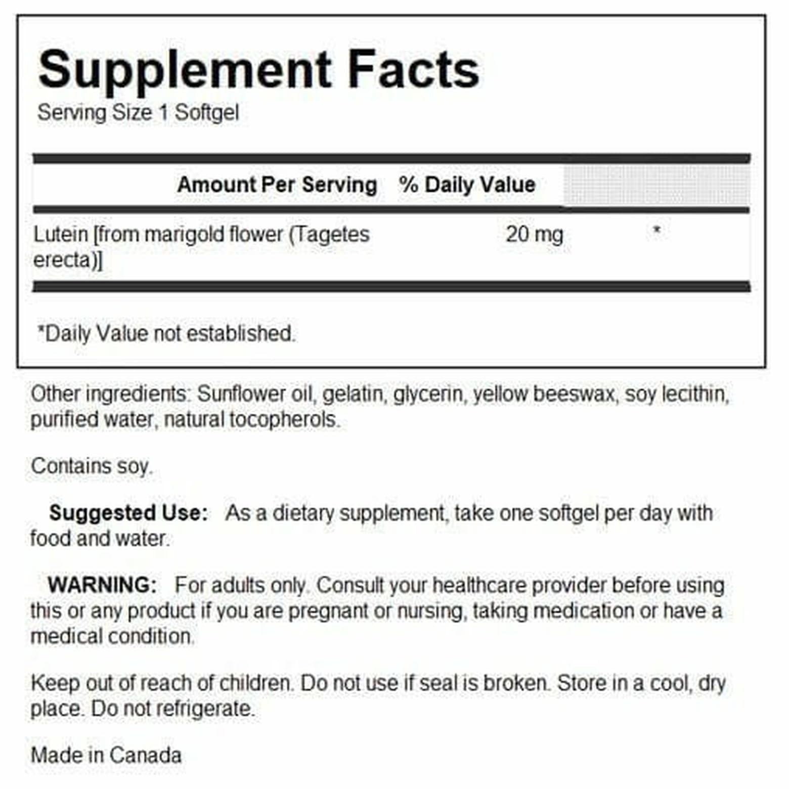 Swanson Luteína 20 mg, etiqueta frontal para identificar la dosis.