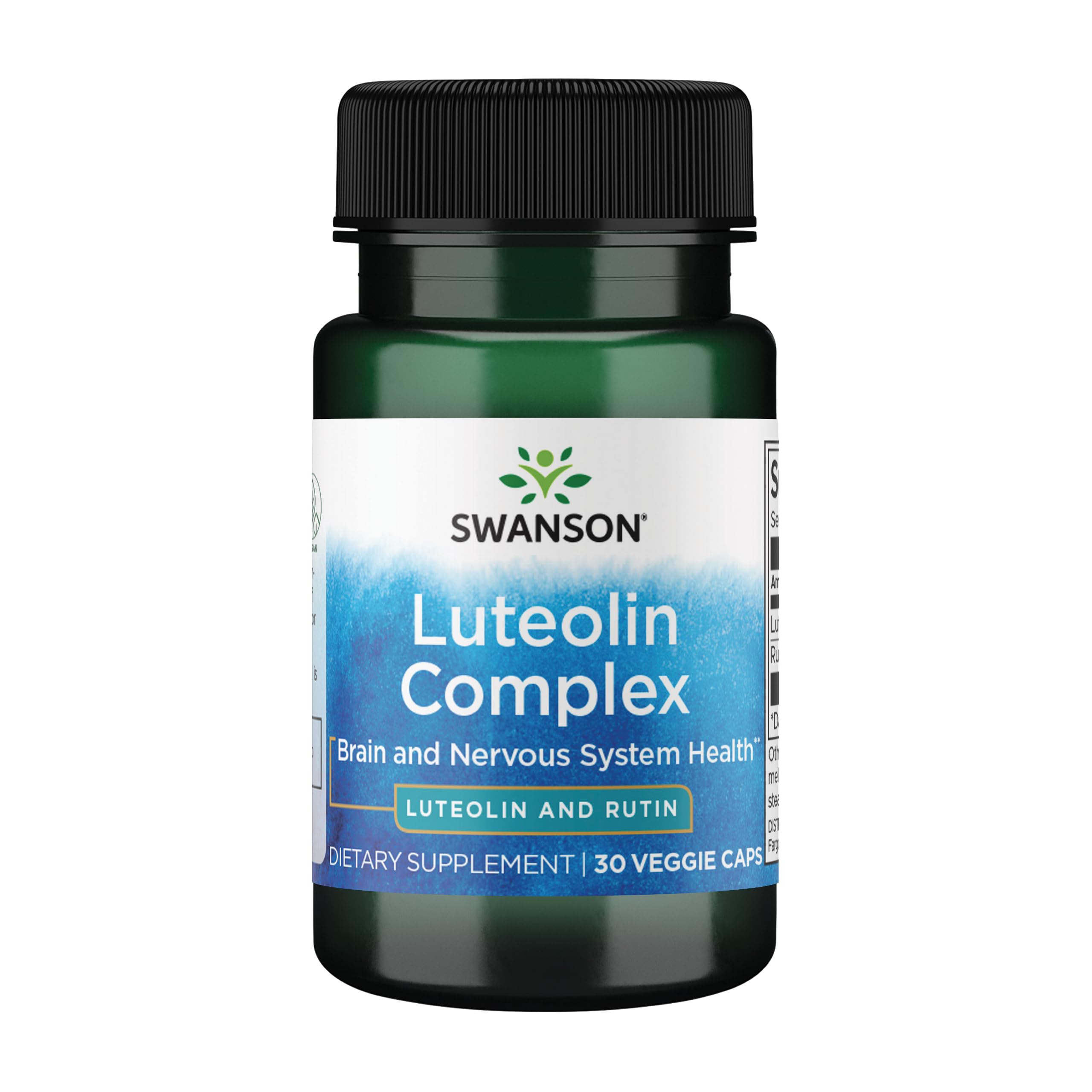 Swanson Luteolin Complex: botella con cápsulas, posible apoyo a la concentración y claridad mental.