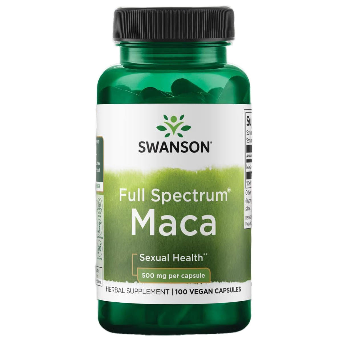 Swanson Maca 500 mg, botella, apoyo potencial a la vitalidad diaria.