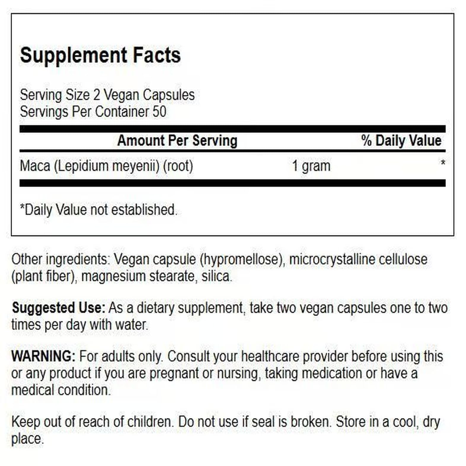 Swanson Maca 500 mg, cápsulas, formato práctico para energía sostenida.
