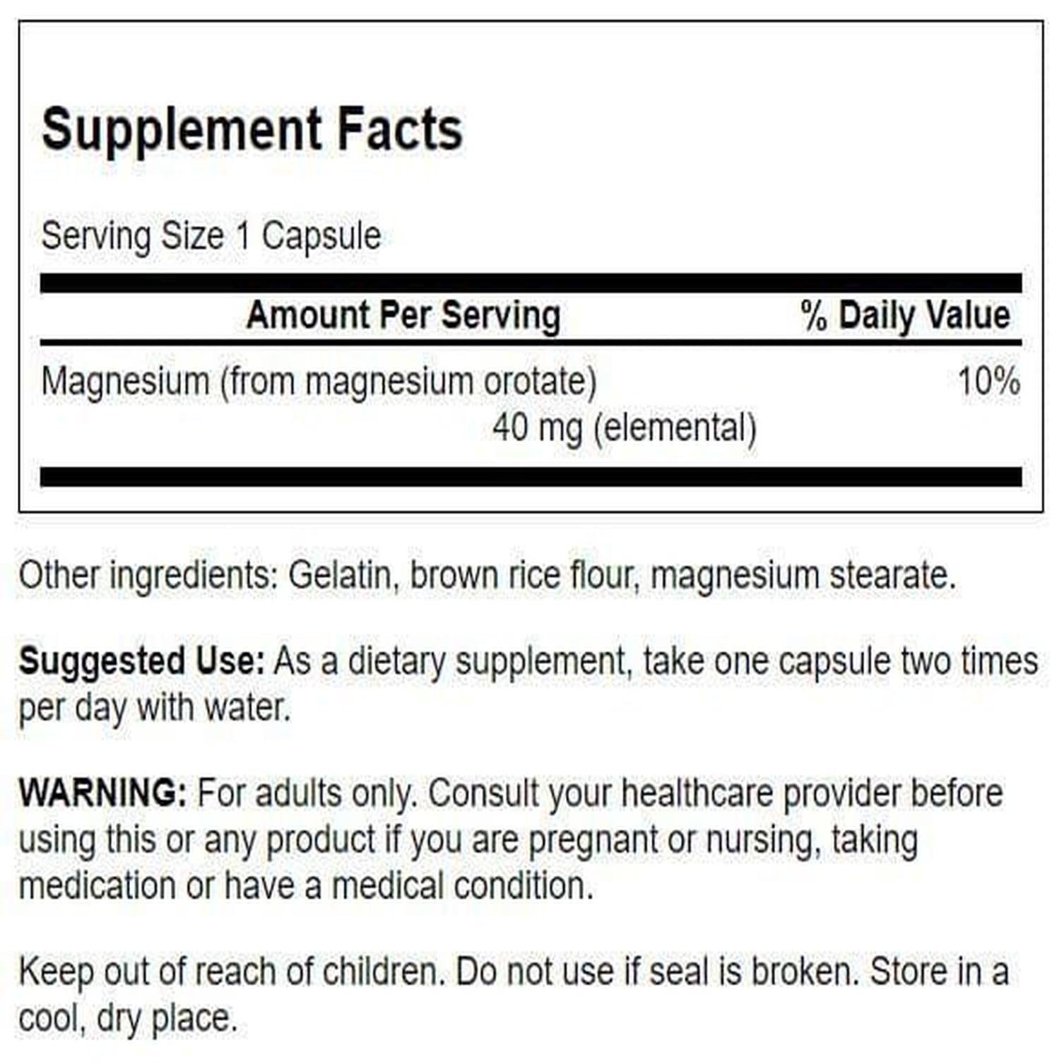 Etiqueta del frasco Swanson Magnesio Orotate 40 mg, información clara.