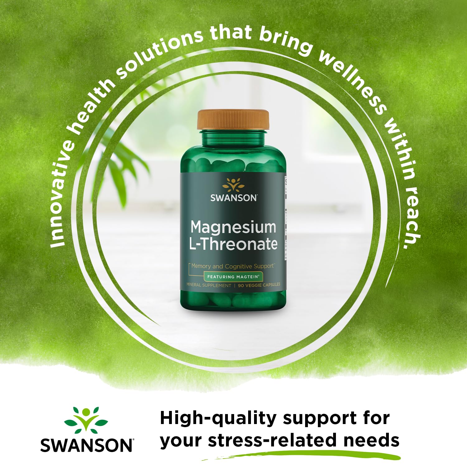 Swanson Magnesium L-Threonate botella con 90 cápsulas lista para uso diario